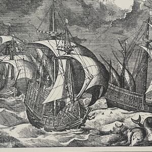 Bruegel, Three Caravels, Sailing Vessels, Engraving, Bookplate, ~ 241229-WH 70